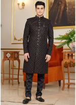 Art Silk Navy Blue Wedding Wear Thread Work Readymade Indo Western Sherwani